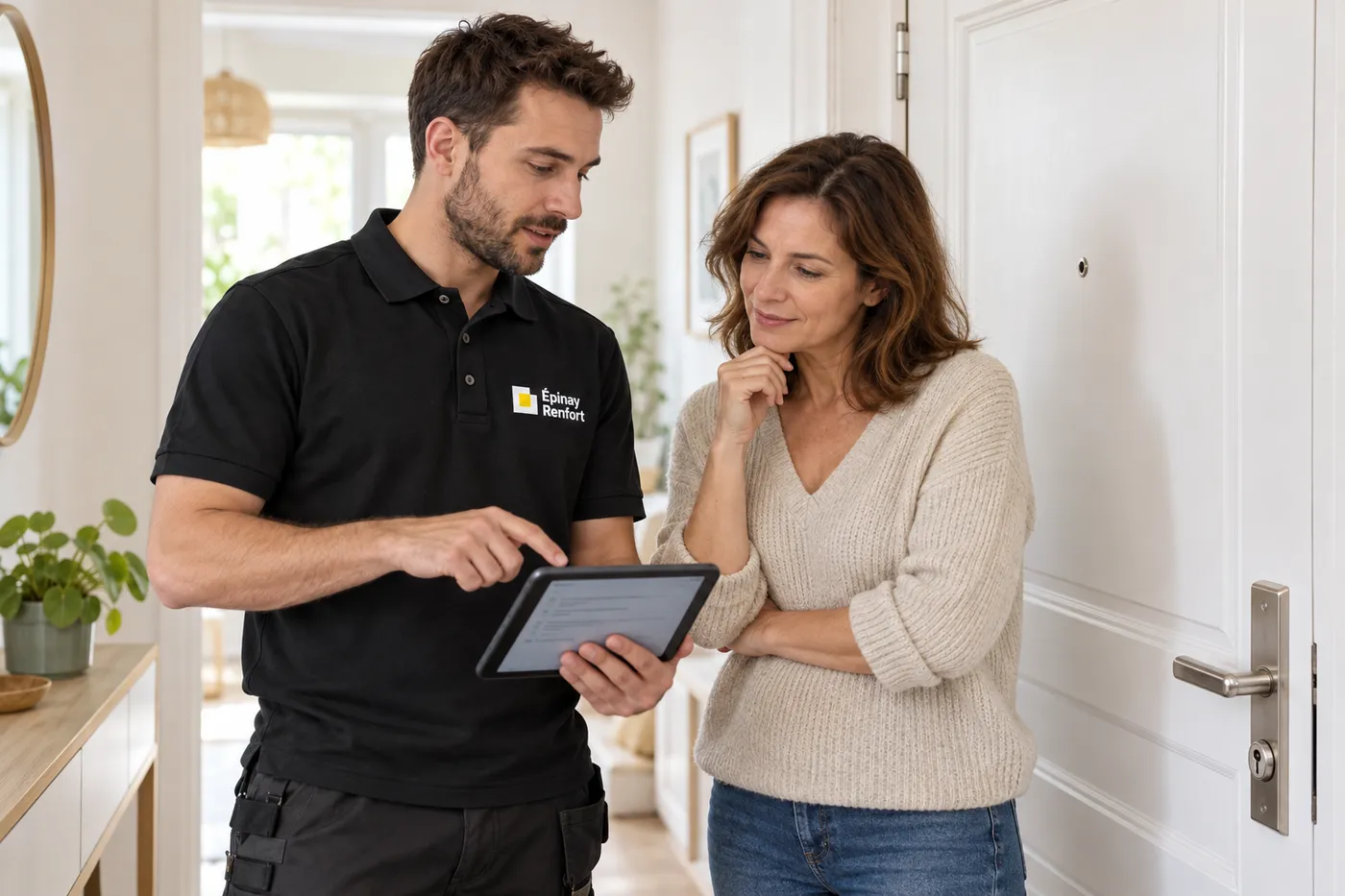 Le serrurier Épinay Renfort explique les options sur une tablette à une habitante, devant sa porte