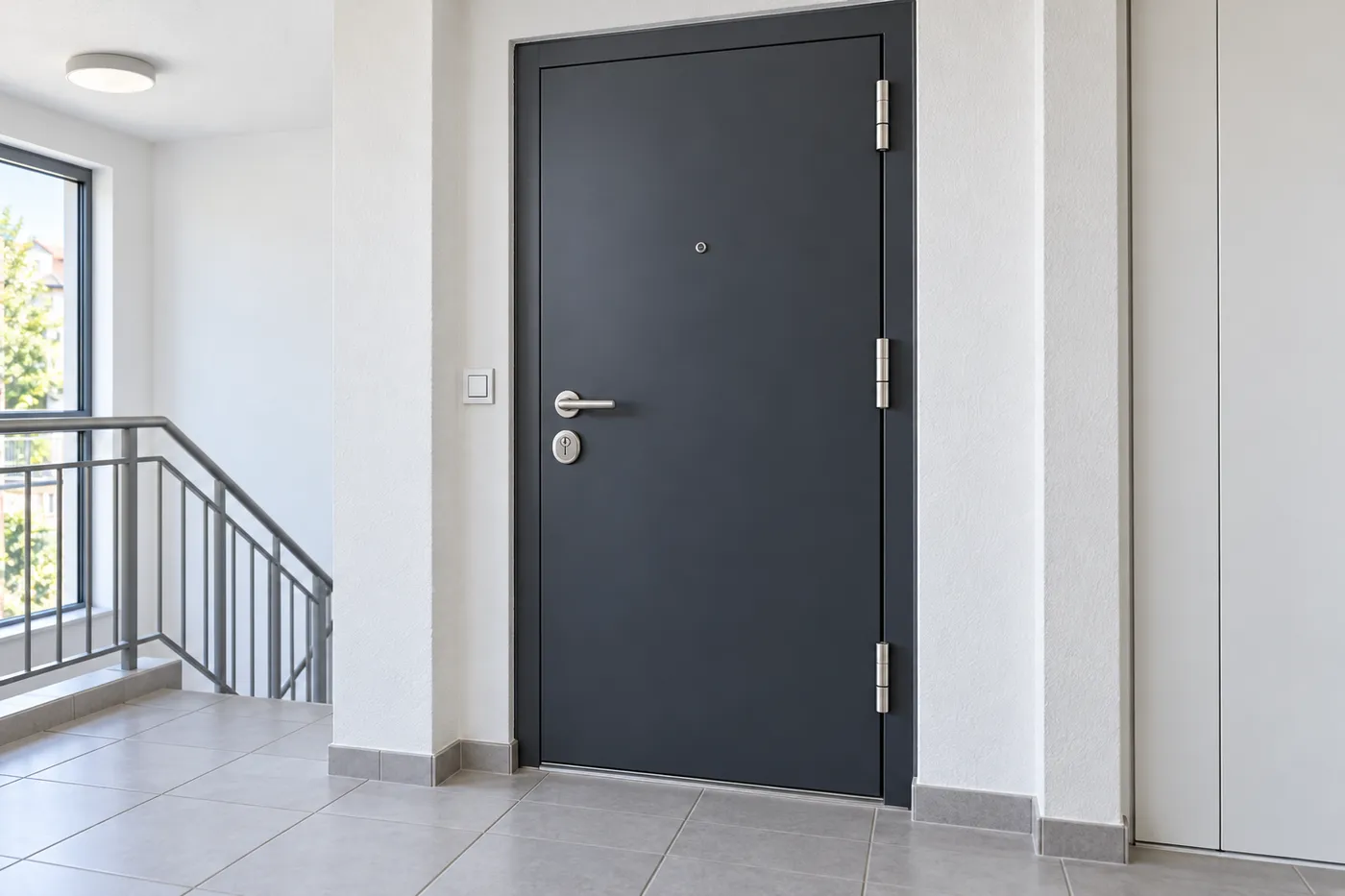Porte d'entrée blindée gris anthracite avec poignée inox et protège-cylindre, sur un palier d'immeuble