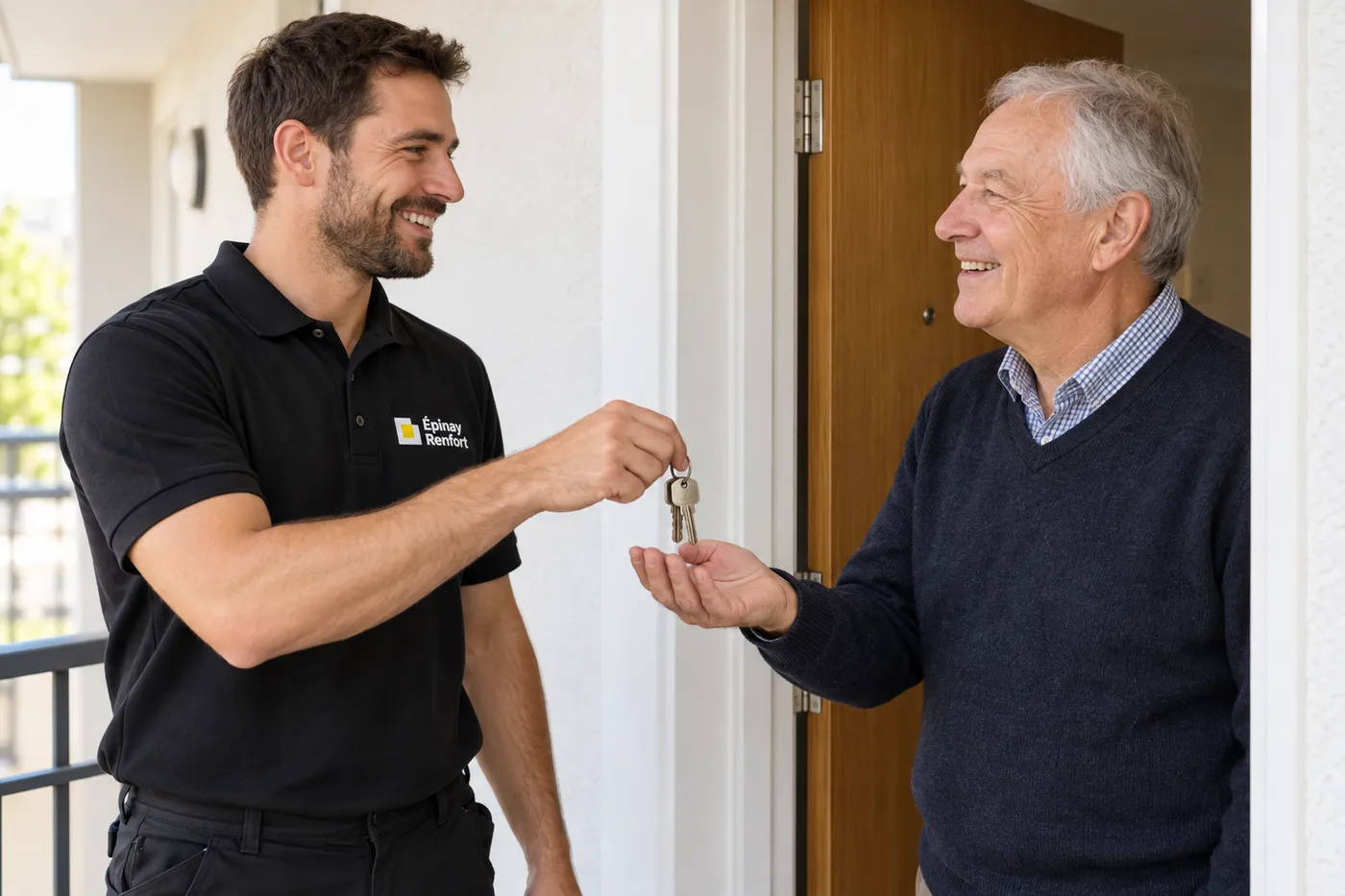 Remise des nouvelles clés à un habitant sur le palier de son appartement