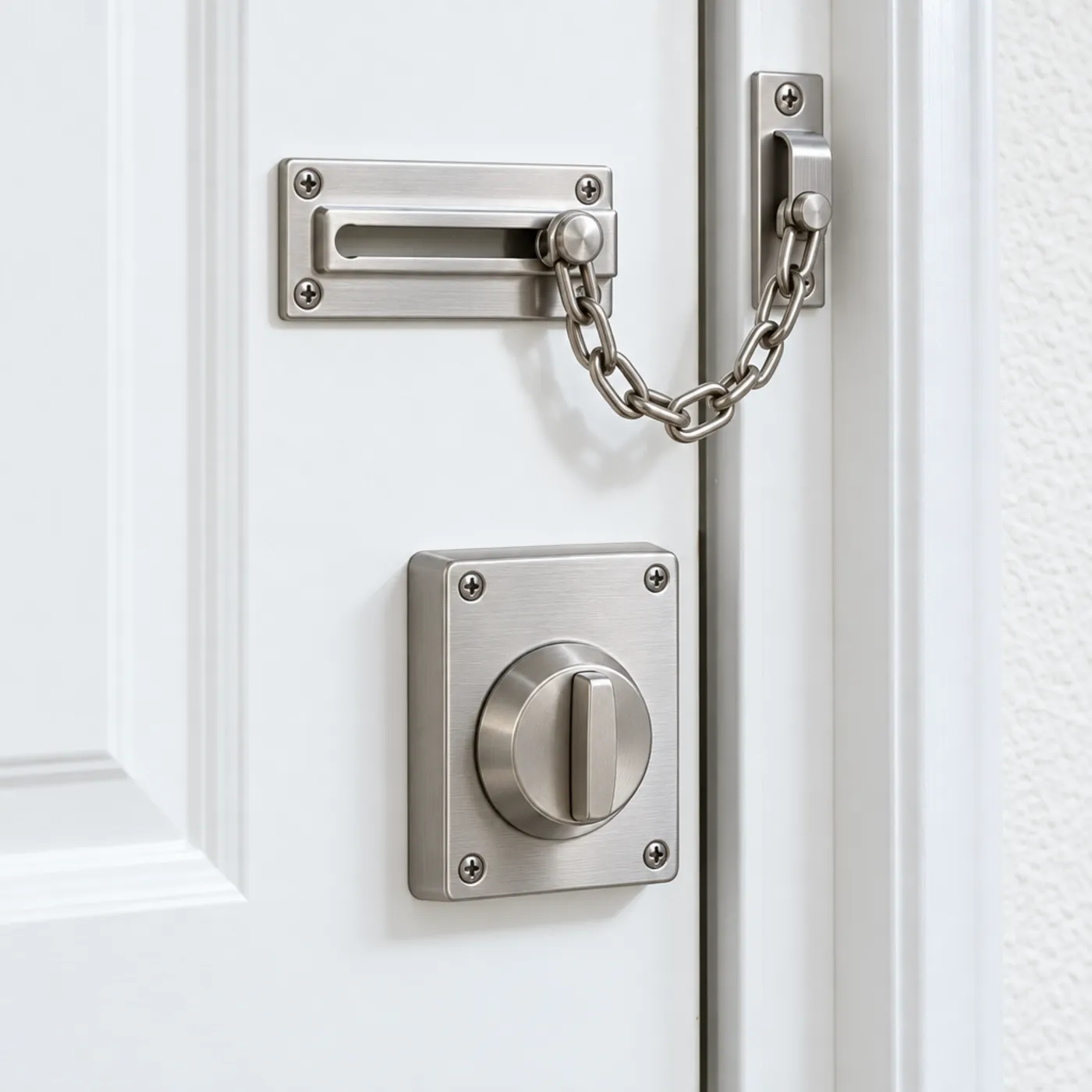 Verrou de sûreté en applique et entrebâilleur posés à l'intérieur d'une porte d'appartement